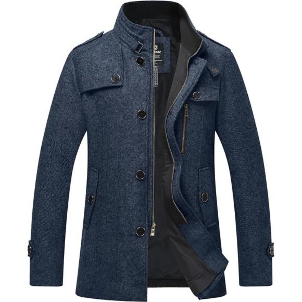 Men's Wool Blend Jacket Stand Collar Windproof Pea Coat